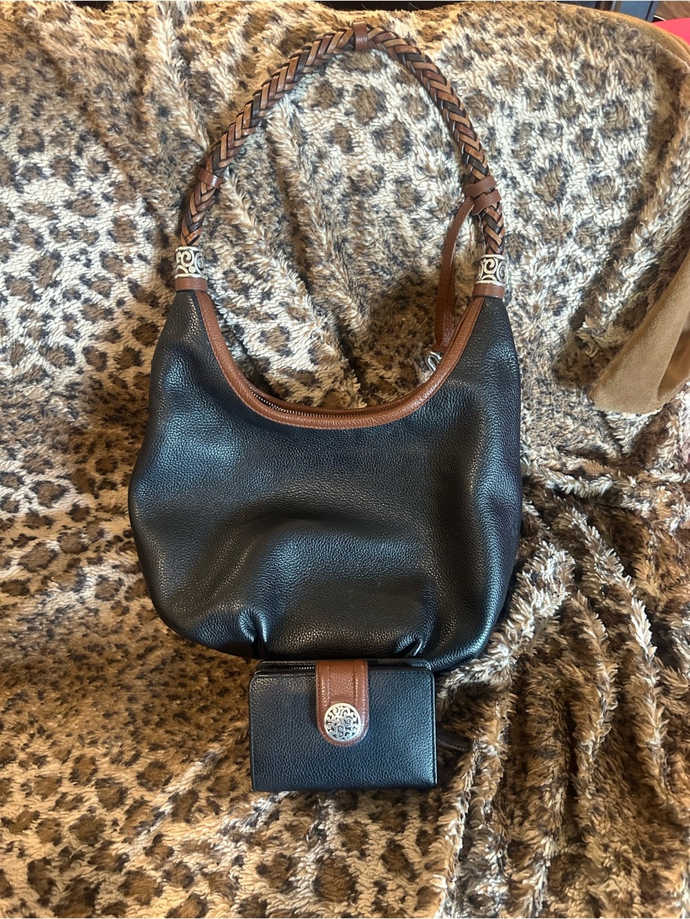 Brighton Black and Brown Braided Strap Leather Hobo Shoulder Bag and wallet